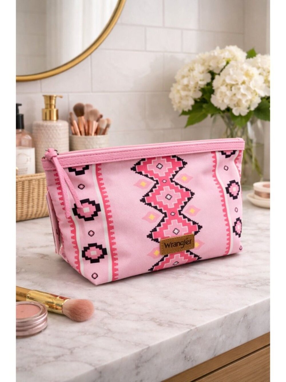 New Wrangler Pink Boho Western Aztec Cosmetic Bag Zipper Travel Makeup Case